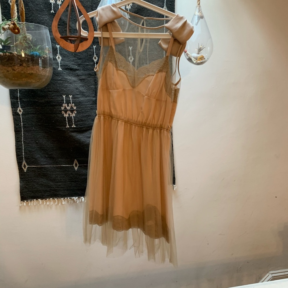 Blush tulle bow slip peach nude lace dress